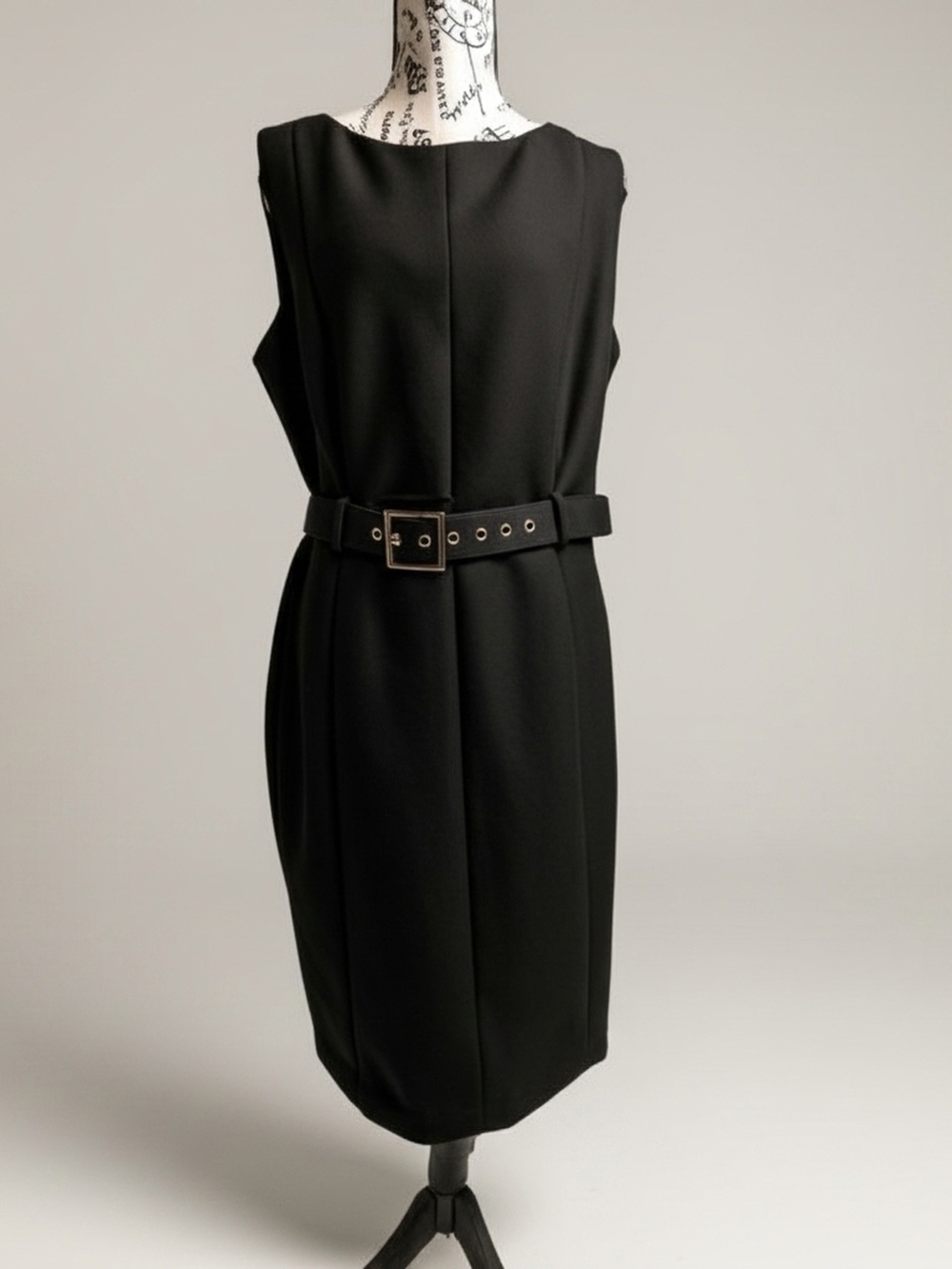 Calvin Klein Black Sleeveless Belted Midi Sheath Dress